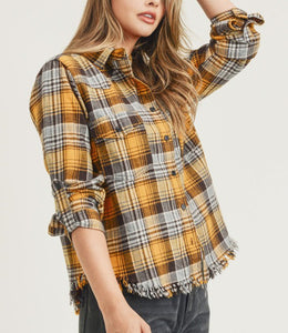 Mustard Plaid Frayed Hem Button Shirt