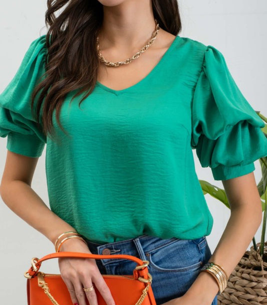 SALE! Kelly Green Balloon Sleeve V Neck Top