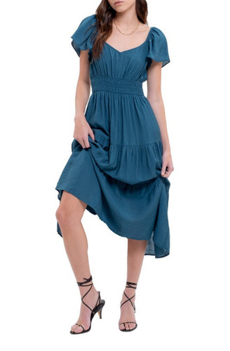 Dark Teal V-Neck Tiered Ruched Waist Midi Dress