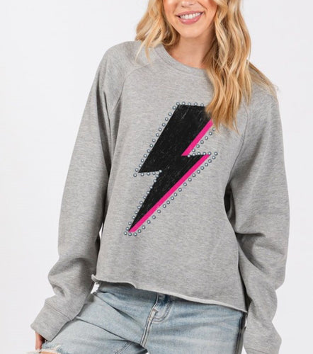 Grey Puff Lightning Graphic Fleece Sweatshirt