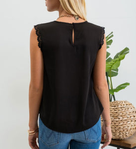 Black Sleeveless Lace Trim Pleated Top