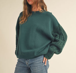 Emerald Pullover Cable Knit Sleeve Sweater