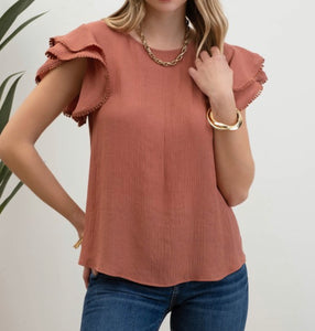 Dark Sienna Ruffle Blouse w/ Pom Detail Sleeve