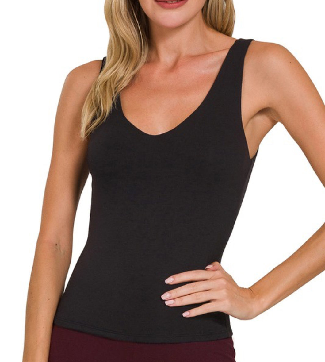 Black V Neck Double Layered Tank Top