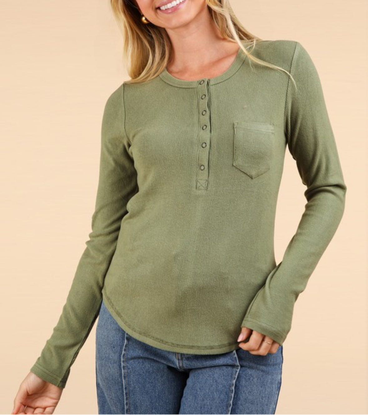 Soft Brushed Olive Ribbed Long Sleeve Top w/ Buttons
