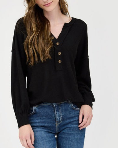 Black Half Button V Neck Long Sleeve Top