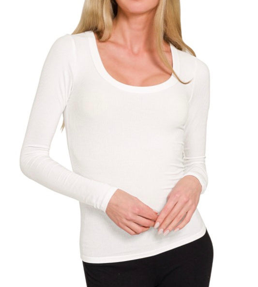 White Ribbed Boat Neck Long Sleeve T-Shirt