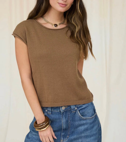 Brown Raw Edge Short Sleeve Sweater Top