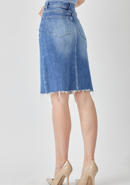 Risen High Rise Denim Pencil Skirt