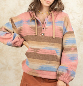 Pink Hooded Aztec Pullover
