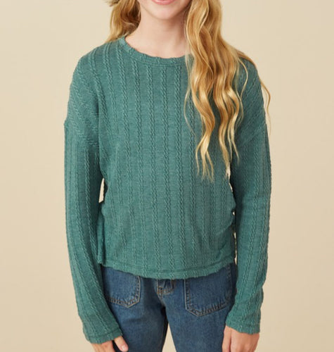 Youth Girls Emerald Cable Knit Long Sleeve Top