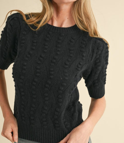 Black Popcorn Knit Pointelle Short Sleeve Sweater