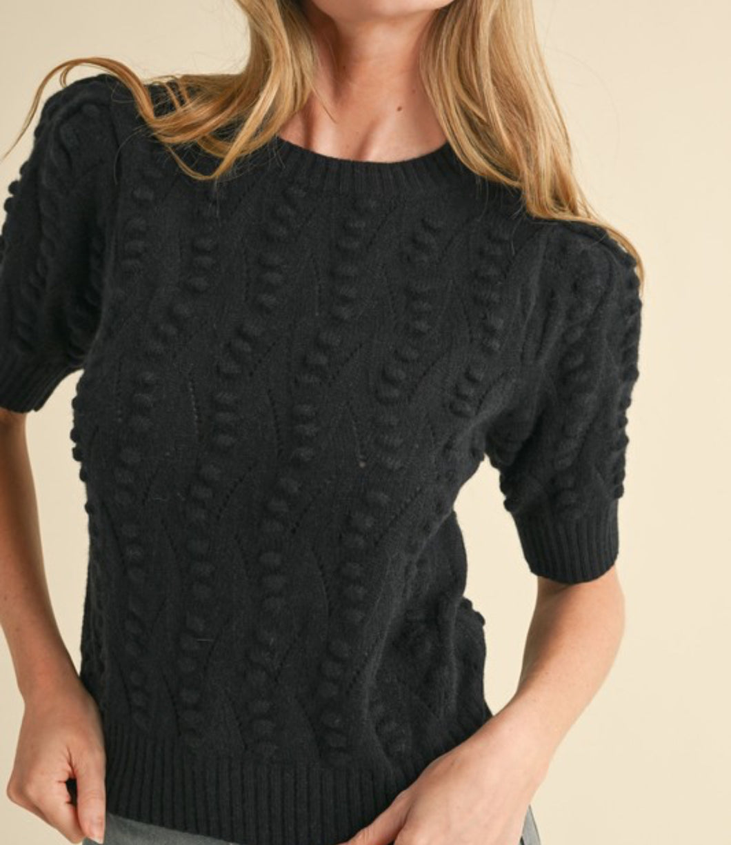 Black Popcorn Knit Pointelle Short Sleeve Sweater