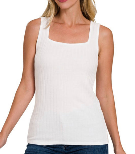 White Square Neck Ribbed Tank Top