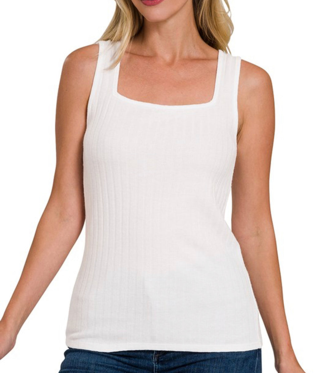 White Square Neck Ribbed Tank Top