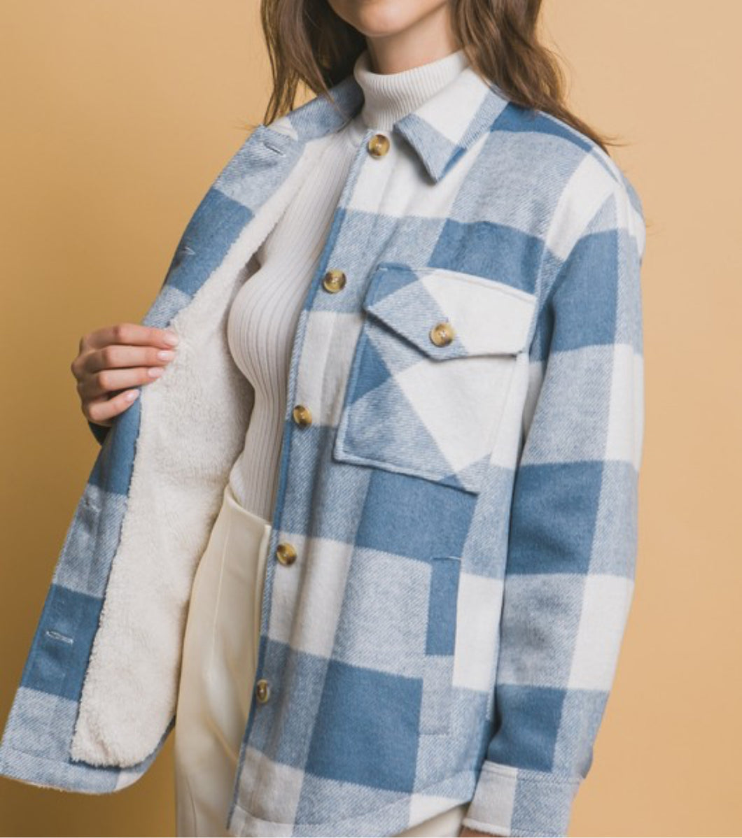 Blue and White Big Check Sherpa Lined Shacket