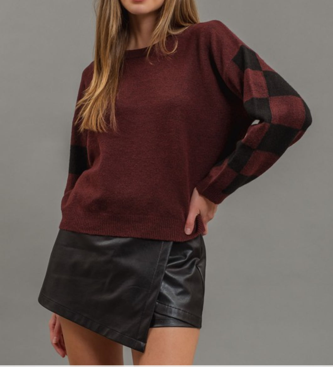 Burgundy Checker Sleeve Sweater