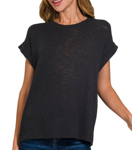 Black Hacci Rolled Sleeve Relaxed Tee