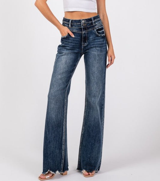 Dark High Rise Wide Leg Denim w/Yoke Front
