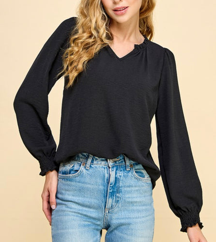 Black Long Sleeve V-Neck Blouse w/ Ruffle Collar