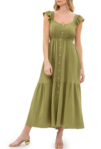 Olive Green Button Down Tiered Midi Dress