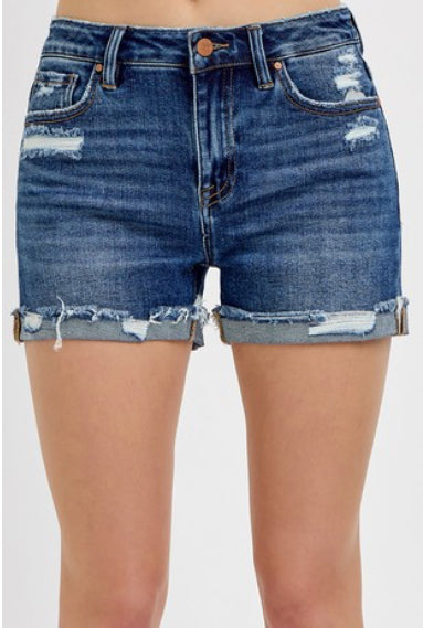 Risen Mid Rise Cuffed Dark Wash Shorts