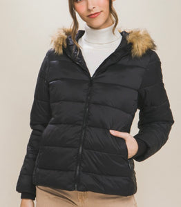 Black Mid Length Puffer Jacket w/ Fur Hood