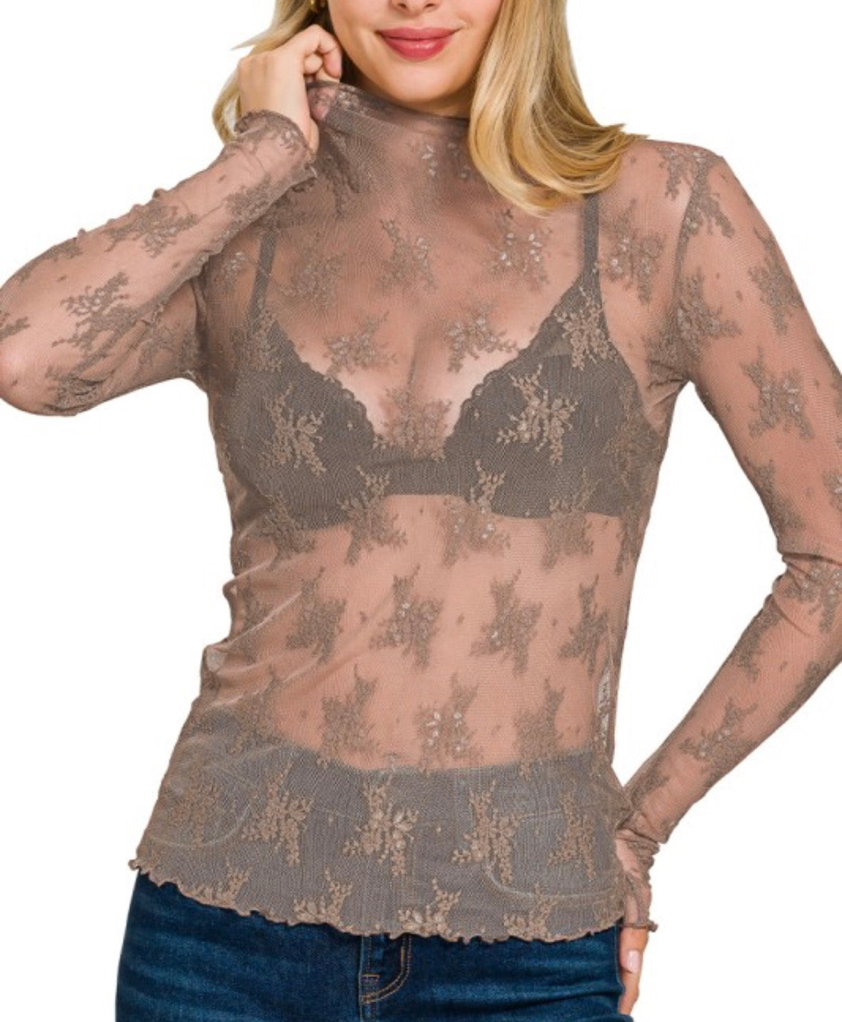 Mocha Long Sleeve Lace Top