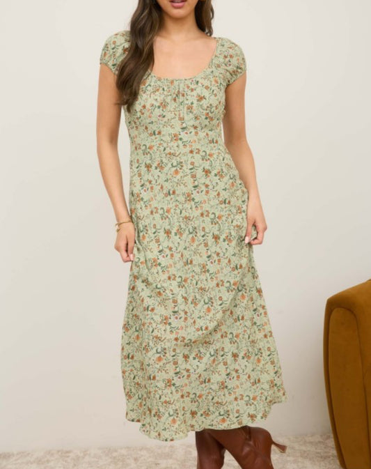 Green Floral Scoop Neck Ruched Short Sleeve Midi Dress