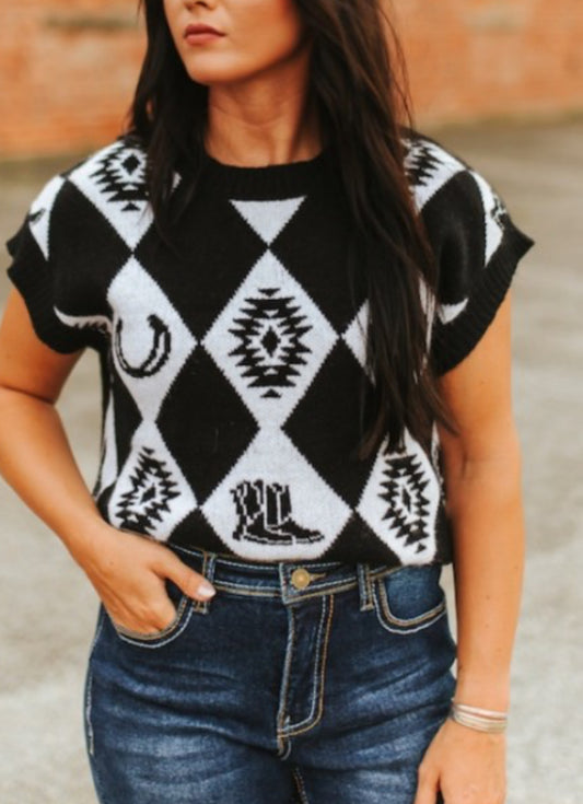 Western Checker Sleeveless Sweater