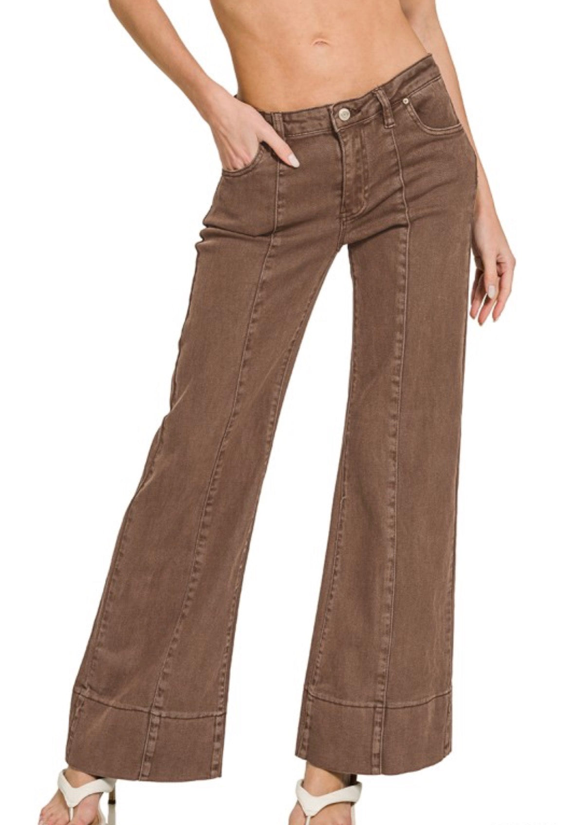 Mocha Mid Rise Wide Leg Color Denim Pants