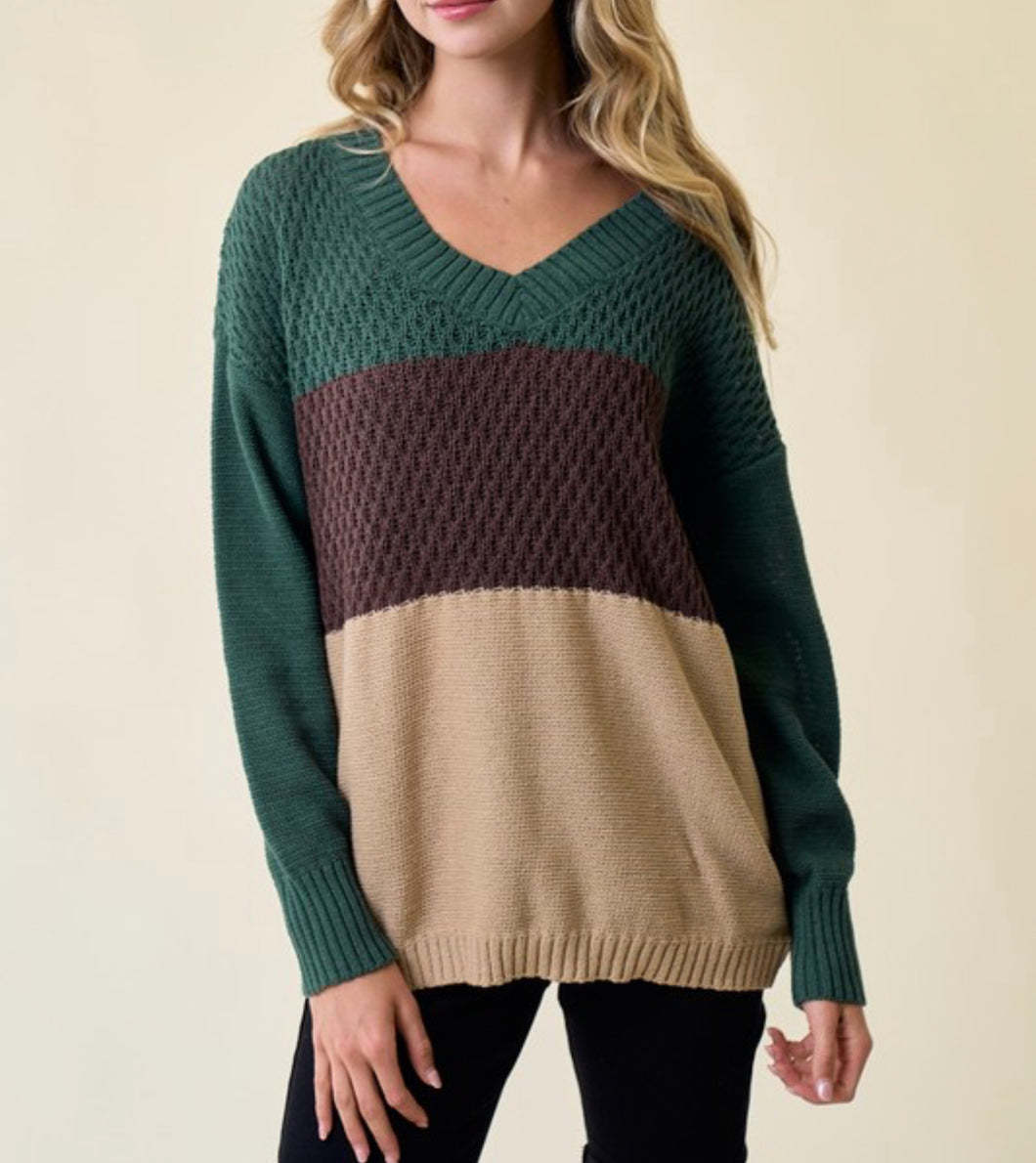 Emerald and Brown Color Block Sweater