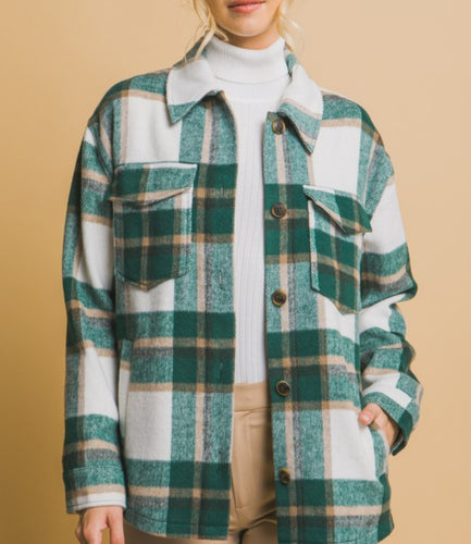 Green, White and Tan Plaid Shacket with Pockets