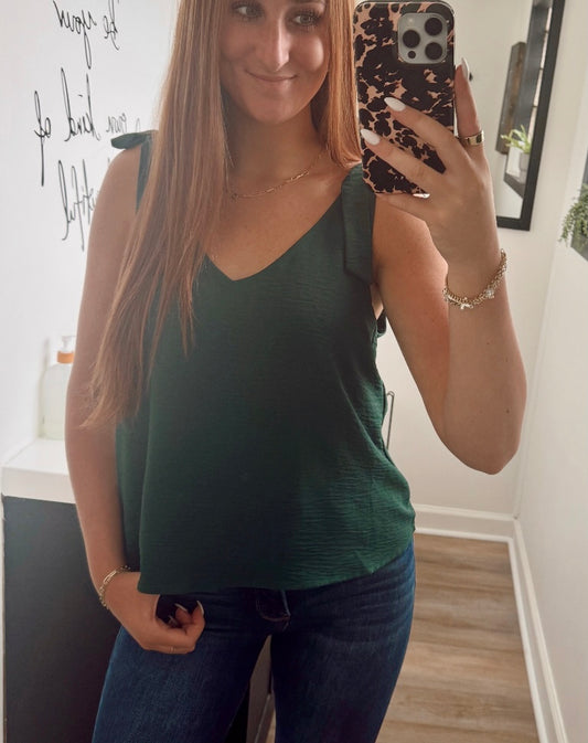 Emerald Green V-Neck Flowy Top w/ Tie Straps