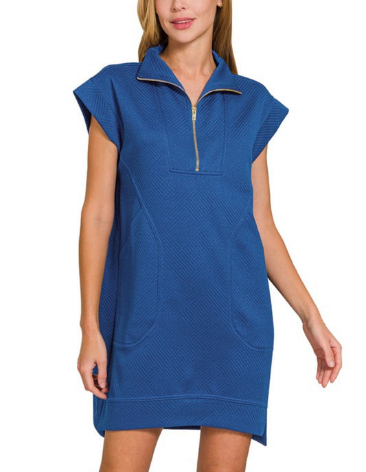 Royal Blue Textured Quarter Zip Dress