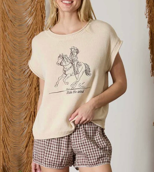 Cream Western Embroidered Knit Top