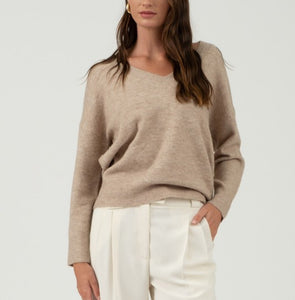 Oatmeal V Neck Drop Shoulder Sweater