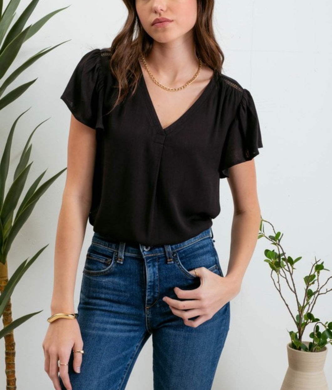 Black Ruffle V Neck Top