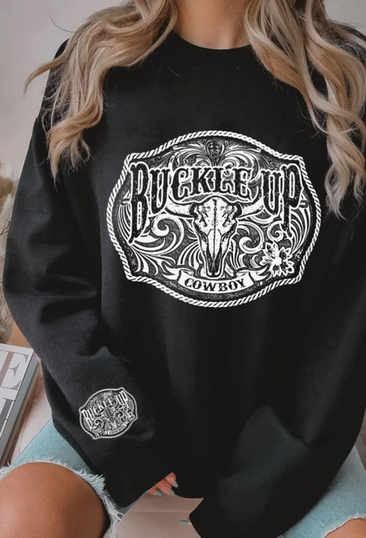 Black Buckle Up Cowboy Graphic Sweatshirt