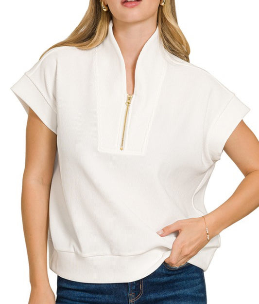 Ivory Ribbed High Neck Half Zip Top