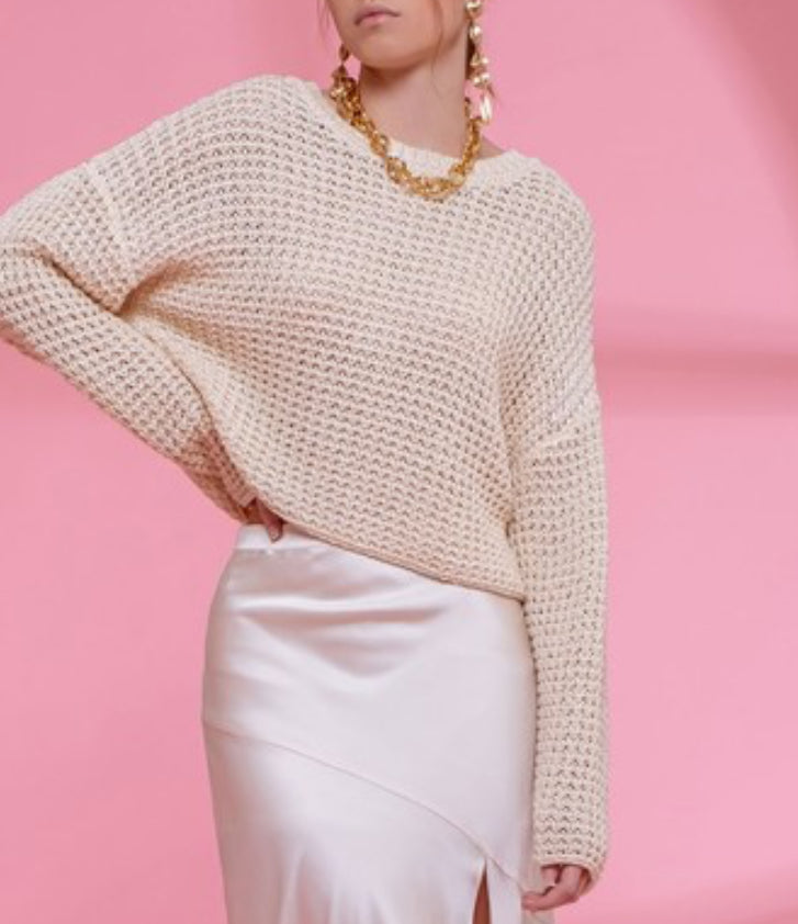 Cream Crew Neck Crochet Knit Sweater