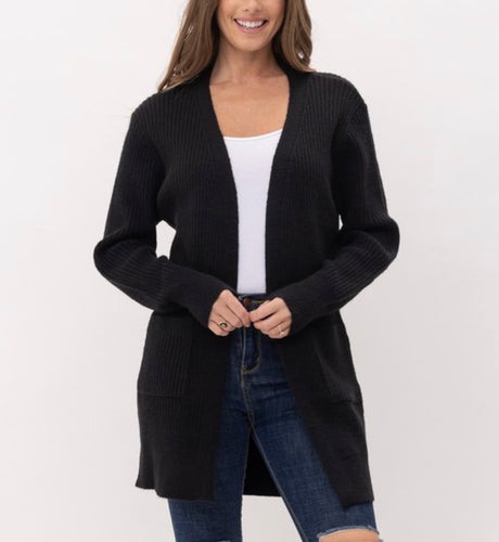 Black Ribbed Knit Open Cardigan w/Pockets