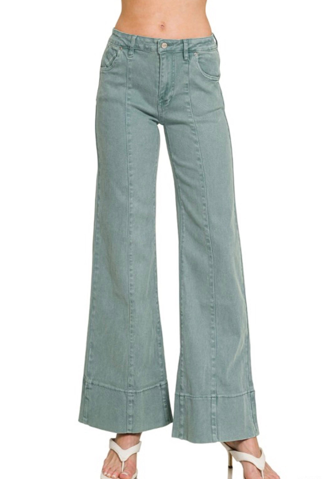 Teal Mid Rise Wide Leg Color Denim Pants