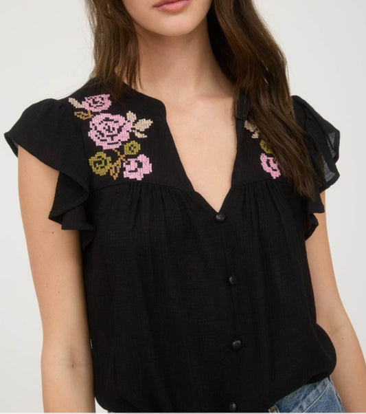Black Floral Embroidered Button Down Top