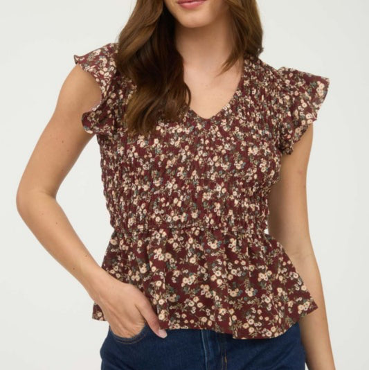 Burgundy Floral Smocked V Neck Top
