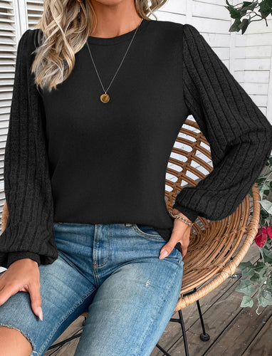 Black Ribbed Balloon Sleeve Top