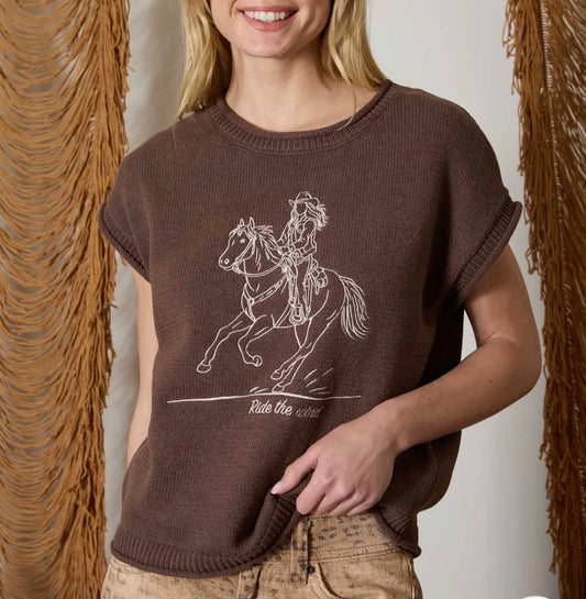 Brown Western Embroidered Knit Top
