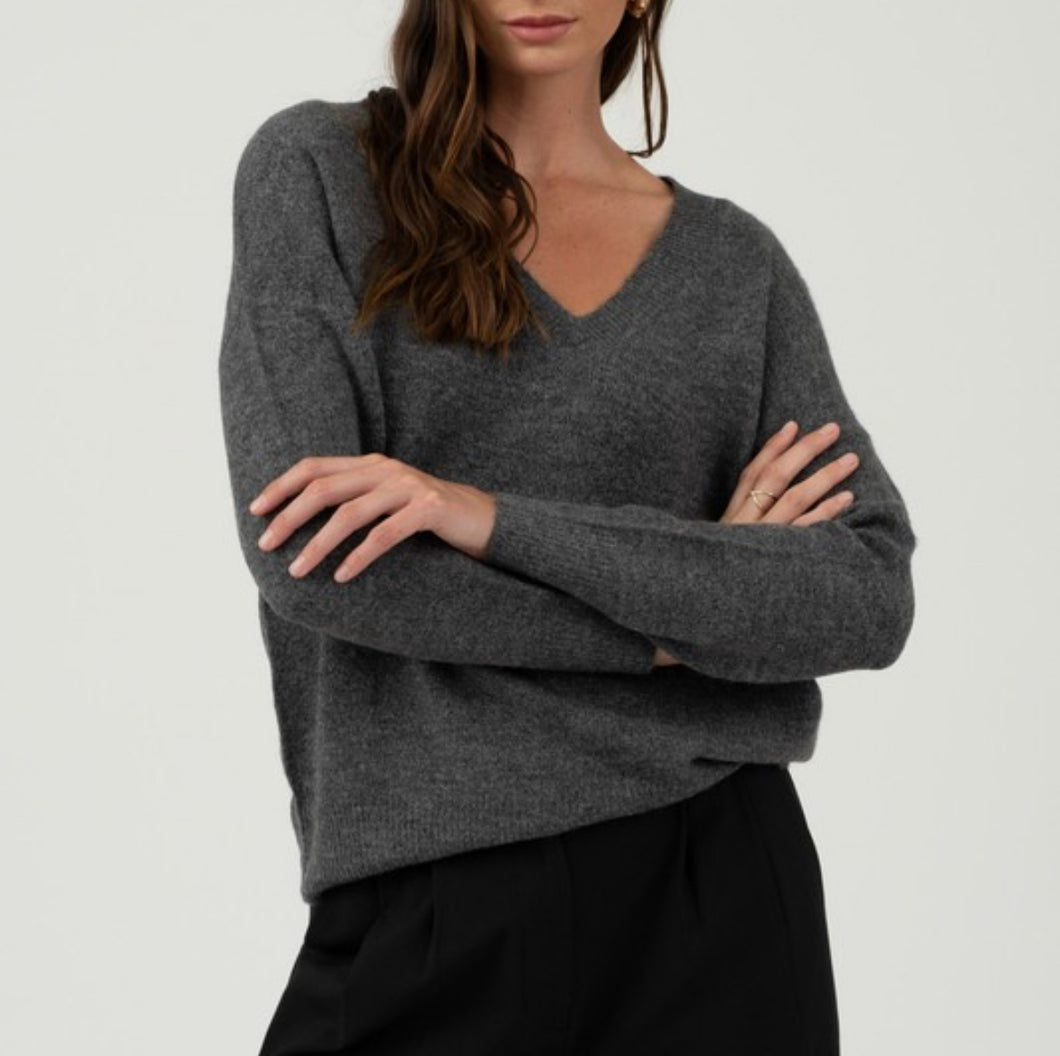 Charcoal V Neck Drop Shoulder Sweater