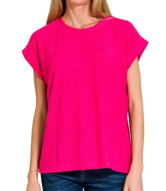 Hot Pink Slub Cuffed Sleeve Tee
