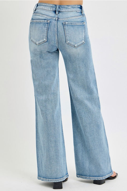 Risen Light Wash Mid Rise Wide Leg Front Patch Denim